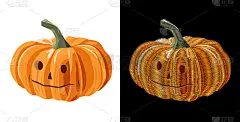万圣节橘色南瓜真实感和刺绣(仿缎面缝线风格)，在黑白背景上，数字绘制，装饰插图设计，矢量