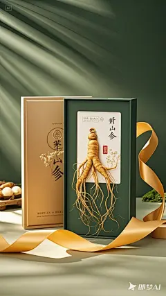 产品主体是野山参礼盒，长白山的人参，礼盒海报，氛围感，高端，生态，健康，主KV