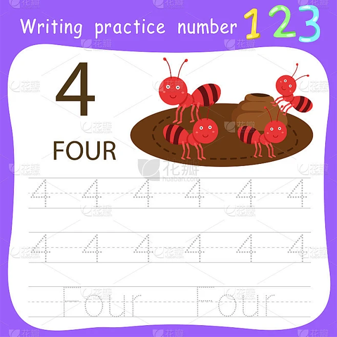 Worksheet Writing practice number four素材-花瓣网