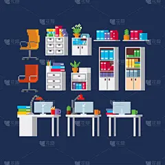 办公家具和设备。像素艺术。旧学校计算机图形。8位视频游戏。游戏资产8位精灵.
