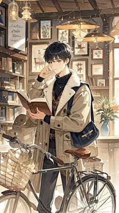 插画，森系风格，水彩透叠，初冬，一个穿冬装的韩漫男生，五官精致立体，眼神沉思，各种生活场景，色调温馨柔和，手绘插画，场景随机，可以在家在家里，在床上睡觉。在厨房做饭，在做运动，在路上行走，在公司散步。在商店购物，在办公室工作，在咖啡店的生活分场景。营造出一种宁静的氛围，温馨，淡雅，真实生活场景，生活轨迹插画，氛围感，故事感，完美构图，超多细节，高清，超清，漫画