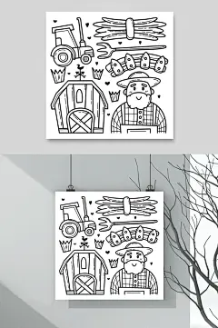 黑白农民工具卡通创意插画矢量素材-众图网