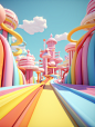 a rainbow colored path in an endless setting, in the style of rendered in cinema4d, kawaii, dynamic structures, whimsical narratives, rollerwave