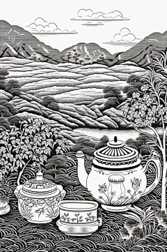 AI数字艺术复古铜版画茶园茶叶插画-众图网