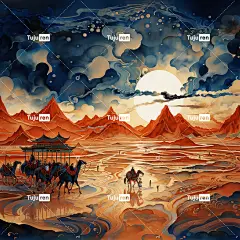 敦煌艺术风格插图，骆驼商队穿越沙漠，丝绸之路的沙漠风光，四周