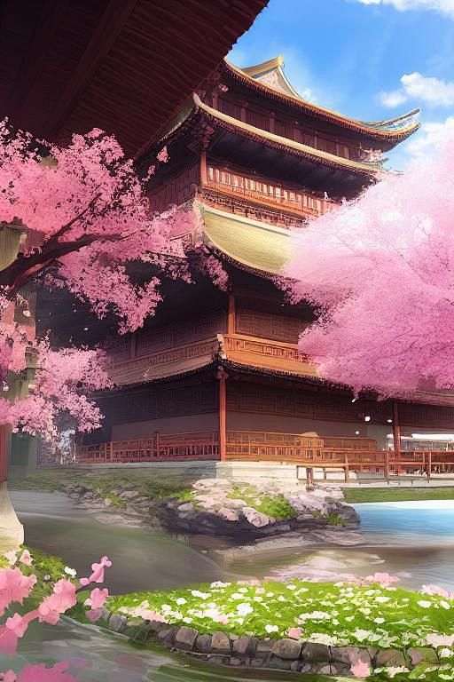 AI绘画，古风楼房，桃林