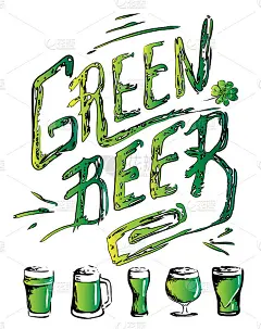 手绘墨水风格孤立的字母矢量绿色啤酒和眼镜。圣帕特里克节庆祝或手工生啤酒事件的节日。酒吧餐厅菜单或海报