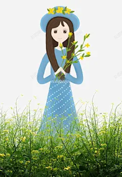 长发女孩拿着花郊游 元素 免抠png 设计图片 免费下载 页面网页 平面电商 创意素材
