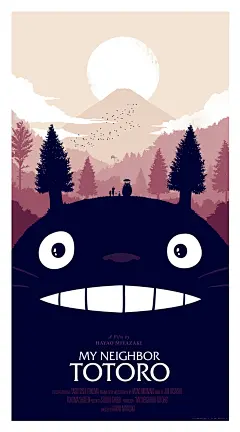 龙猫 My Neighbor Totoro (1988)：这两款艺术海报分别主打梅红色和草绿色，甜美温馨。可爱的卡通形象龙猫化身“地球母亲”的形象，两只耳朵被设计师巧妙衍化为松树造型。充分传达了《龙猫》人与大自然相依相生的电影主题。海报上方的太阳、富士山和远飞的大雁等造型元素则充满大和民族的特色。