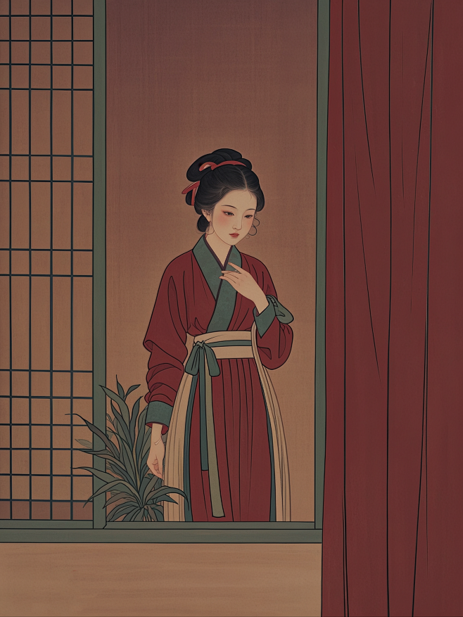 Nanjiao Xi，一位宋代少女，站在窗前，优雅端庄，整体色调为低饱和度的深红色调，清新自然，仕女图，色调统一，低饱和度 (5)