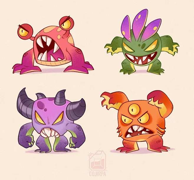 four cartoon monsters with different facial expressions-花瓣网