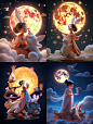 中秋节，一位仙女，嫦娥，身着中国古代服装，和兔子玩耍的女孩，吉祥的云，背后巨大的月亮