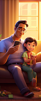 Bright summer morning,an Asian father and child sitting on the couch,happily looking at a same smartphone,laughs happily,dynamic colors, cheerful atmosphere, 3d art,c4d,octane rendering,ray tracing,clay material,popmart blind box,pixar trends,animated lig