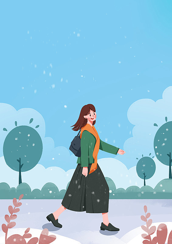 立冬冬天下雪女孩走在路上清新插画下载