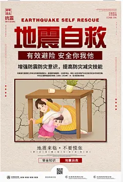 简洁地震自救手绘安全知识抗震防洪展板海报