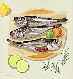 餐饮美食水产带鱼虾子生蚝章鱼螃蟹柠檬插画