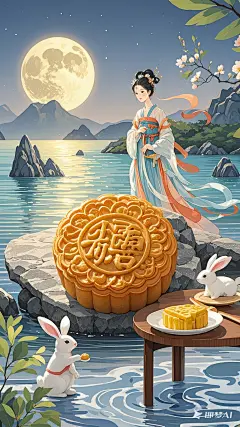 产品海报，实景拍摄，微距摄影。一个巨大月饼，美丽的花纹，在石头雕刻岛上，海面，月亮的月亮，极简主义。有手绘的扁平风，简笔画，现代装扮，嫦娥，玉兔品尝月饼，平常下午茶的桌子。嫦娥和兔子手绘作为装饰和烘托