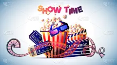 表演时间，电影或电影概念横幅或海报设计与爆米花，3D眼镜，票和拍板在闪亮的背景。