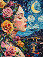 一幅梵高《星夜》风格的美丽玫瑰油画，女孩，美丽的面孔，粉红色-图巨人