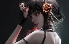 红色眼睛美女 厚涂 玫瑰发簪 4k动漫壁纸