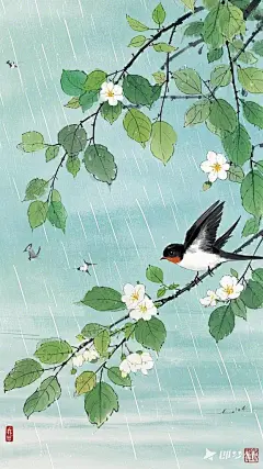 生成一张雨水海报，要求符合雨水节气这是具有中国风的水墨画风格。画面以简洁的墨色线条勾勒树枝，用淡墨和色彩渲染树叶，燕子形态简洁却生动，整体呈现出淡雅、空灵、写意的韵味，契合中国传统美学追求意境的特点。