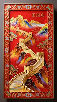 国庆主题视觉，正红底色（鎏金珐琅缠枝纹镶边），非遗珐琅工艺长城（蜿蜒横亘画面，掐丝细腻，红釉透亮），珐琅绘制的锦绣山河（与长城呼应，山河轮廓用金丝掐丝，釉色含红、金、赭石渐变），整体色彩浓郁饱和，兼具传统珐琅质感与国庆庄重感