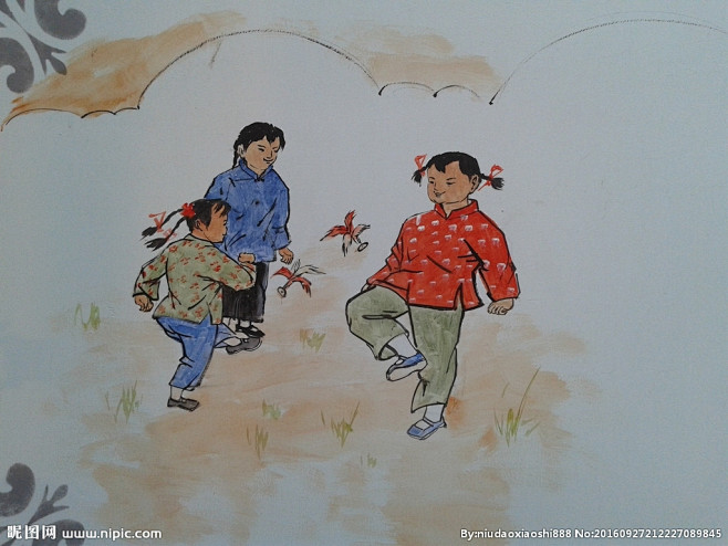 中国传统游戏 踢毽子绘画