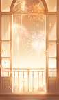 An empty window with a window view and fireworks, in the style of light orange and light gold, romantic illustrations, light and airy, chen zhen, light gold, airy and light