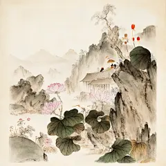 中央组成、古老的中国绘画风格、光明、大面积的白空间、自由手、