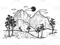 山水素描矢量画图.T恤服装印花设计。刮板仿制。黑白手绘图像.