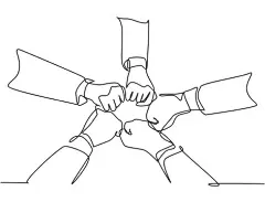 一笔画 | 图源免费EPS文件 |一幅连续线条画，一群年轻的男女商务人士手牵手组成一个五角星形状。团结协作的概念，单线绘制设计矢量插图 