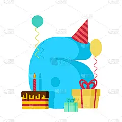 6岁生日快乐贺卡。六周年庆典模板。六个数字和一块蛋糕和蜡烛。气球和礼品盒。