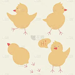 设置小可爱的小鸡平面矢量插图