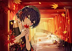 aliasing animal autumn blush fox idolmaster idolmaster_shiny_colors leaves minyom morino_rinze purple_hair red_eyes short_hair torii