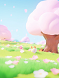 tree on the grass screenshot 4, in the style of cute and dreamy, pastel, 8k 3d, flower and nature motifs, cute cartoonish designs, selective focus, meticulous design