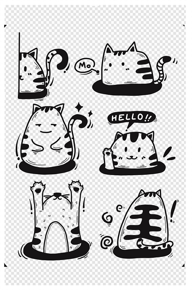 猫咪表情包黑白卡通猫爪治愈系手绘简笔画