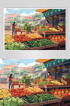 AI数字艺术菜市场生鲜蔬菜市场线条插画
