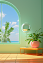 green room with white lamp, window and plant, in the style of rococo pastel colors, realistic blue skies, curved mirrors, bright primary colors, bright, bold colors, light green and light amber, architectural vignettes