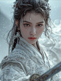 beautiful ancient chinese female assassin wielding a sword, Hanfu, Wuxia style,pheonix eyes, mount Emei temple, mist, whole body view, in the style of light silver and white tones, intricate patterns, flowing, heavenly,divine, 3D render, high details, ref