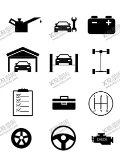 汽车机动车零件图标 【酷图网】汽车元素,图标,矢量图,汽车零部件,黑白简单