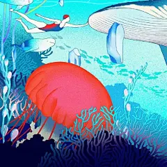 #插画#  jeeeoook插画作品总是很独特，他红色和蓝色的使用很有意思，描绘的故事也十分奇异诡谲 ​​​​