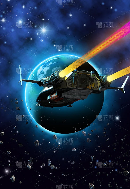 宇宙飞船在深空与星云和恒星的外星行星附近旅行，3d渲染素材-花瓣网