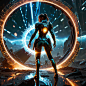 00212-951832039-cinematic light epic shot action pose beautiful model with half computer code body and half human in a combat zone,battlefied,un