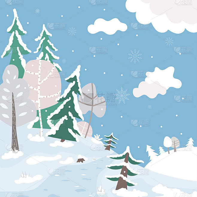 可爱的卡通冬季森林景观。下雪的森林