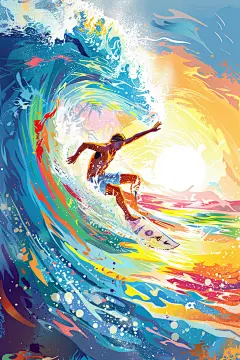 扁平风冲浪夏天画报风插画