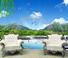 田园大型壁画墙纸壁纸 电视墙背景墙 书房餐厅蓝天白云湖水风景画-淘宝网