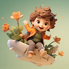 可爱的3D泥雕塑，一个可爱的小女孩在纸飞机上快乐地在空中飞行