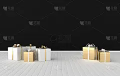 3d渲染逼真的室内与白色礼盒与金色丝带蝴蝶结。为派对、社交媒体宣传横幅和海报腾出空间。一套礼盒