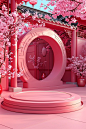 A cute 3D cartoon illustration, a circular square in the front, the background is fashion chinese building, 3D Pixar style, bright light, minimalist, low-angle, grand Spring Festival celebration,vibrant stage backdrop