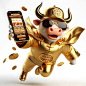 A bull with a gold helmet and glasses holding a cell phone | Premium AI-generated image